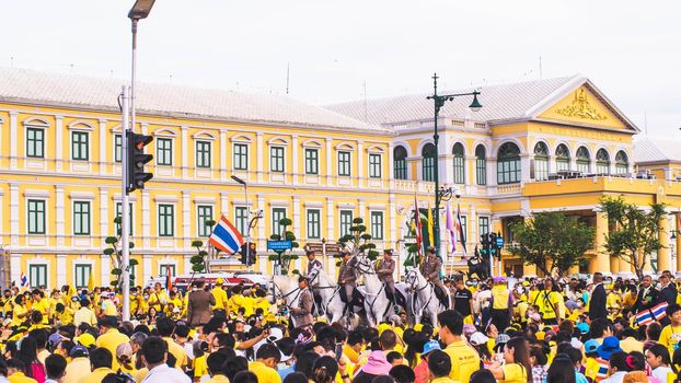 2020 November 01 Bangkok Thailand wearing yellow shirts rally in support of monarchy