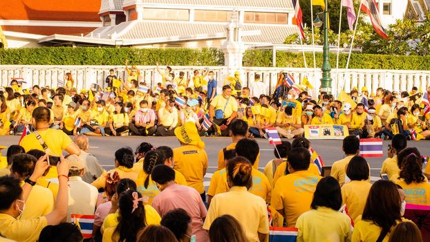 2020 November 01 Bangkok Thailand wearing yellow shirts rally in support of monarchy