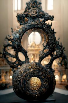 Baroque sculpture of gong, intricate details, 3d illustration