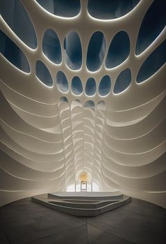 Interior shot of a modern contemporary futuristic chapel, 3d illustration