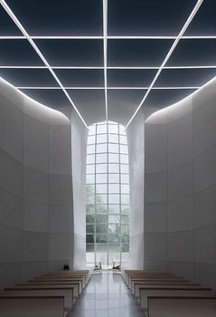 Interior shot of a modern contemporary futuristic chapel, 3d illustration