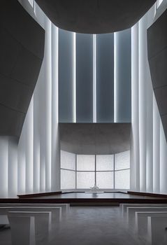 Interior shot of a modern contemporary futuristic chapel, 3d illustration