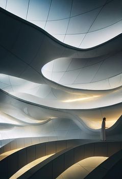 Interior shot of a modern contemporary futuristic chapel, 3d illustration