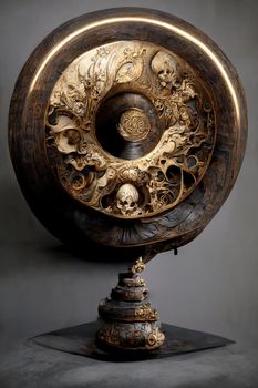 Baroque sculpture of gong, intricate details, 3d illustration