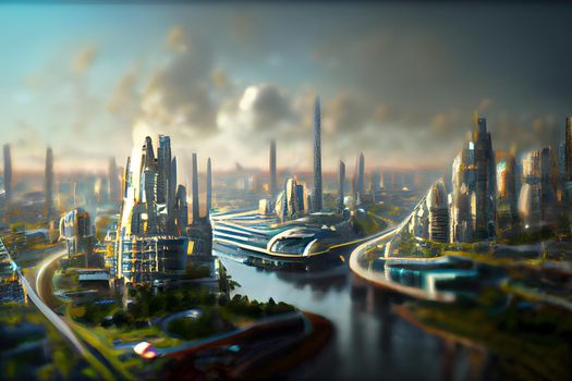 abstract futuristic utopian cityscape, neural network generated art. Digitally generated image. Not based on any actual scene or pattern.