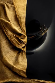 3d render, abstract fashion wallpaper. Modern minimal composition with gold black silk fabric, illustration