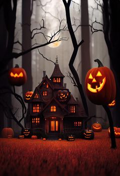 Black and orange house with Halloween theme, 3d illustration