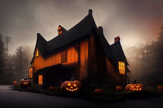 Black and orange house with Halloween theme, 3d illustration