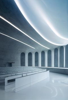 Interior shot of a modern contemporary futuristic chapel, 3d illustration