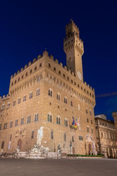 Florence, Italy - Circa June 2021:  architecture illuminated by night, Piazza della Signoria - Signoria Square. Urban scene in exterior - nobody.