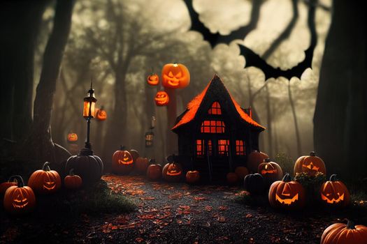 Black and orange house with Halloween theme, 3d illustration