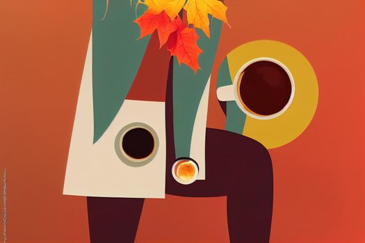 Autumn composition and female hand with cup of coffee on light background , anime style