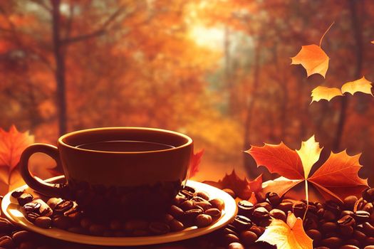 Autumn composition with cup of coffee on light background , anime style