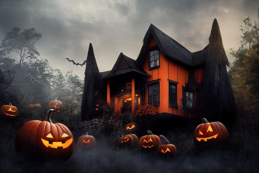 Black and orange house with Halloween theme, 3d illustration