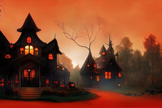 Black and orange house with Halloween theme, 3d illustration