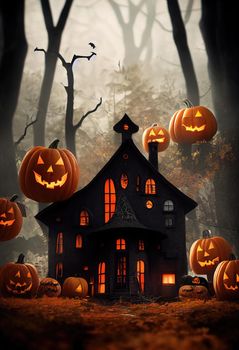 Black and orange house with Halloween theme, 3d illustration