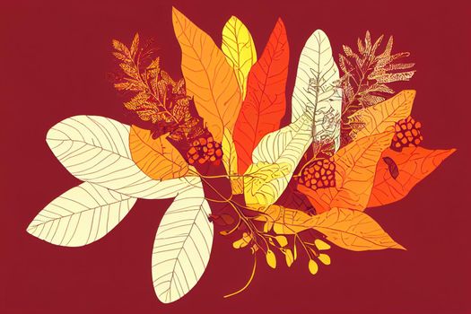 Raster isolated floral composition with lettering Autumn sale With bouquet of leaves, berries and flowers in warm colors , anime style