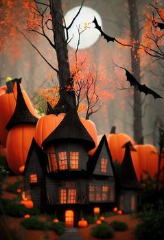 Black and orange house with Halloween theme, 3d illustration