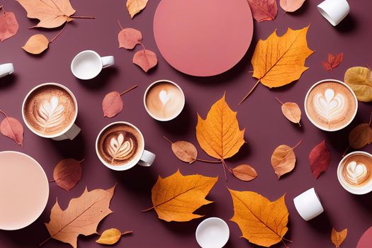 Autumn flat lay banner with dry leaves and coffee latte cup on dark pink color background Creative autumn, thanksgiving, fall, halloween concept Top view, , anime style