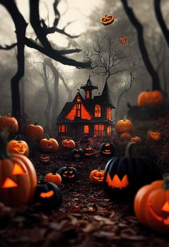 Black and orange house with Halloween theme, 3d illustration