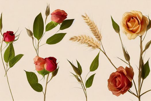 Autunm wheat, rose flowers composition on craft beige background, copy space Stylish creative autumn fall mock up, autunm holiday celebration concept , anime style