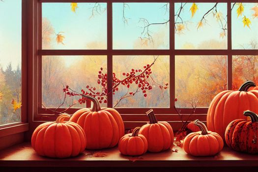 Cozy autumn still life on the windowsill pumpkin, warm woolen sweater, maple leaves and rowan berries , anime style