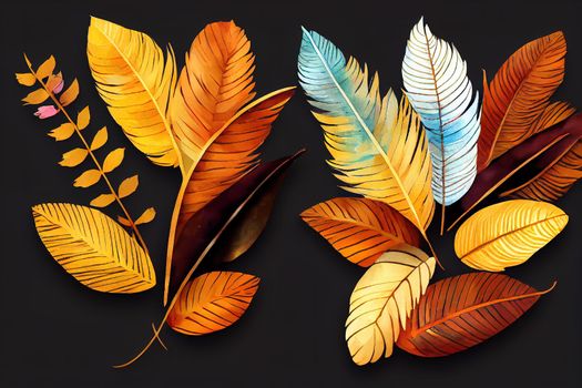 Raster composition with autumn leaves and fruits in a watercolor style Beautiful autumn boutonniere with feathers, flowers and leaves Autumn Bouquet , anime style