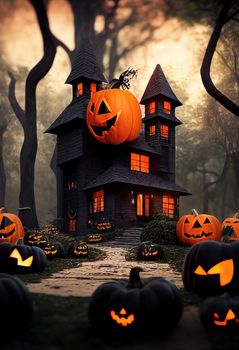 Black and orange house with Halloween theme, 3d illustration