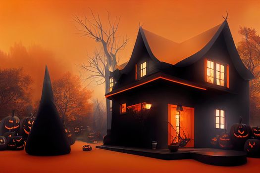 Black and orange house with Halloween theme, 3d illustration