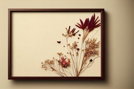 Dry flowers composition frame top view on beige background with copy spaceAutumn vibes , anime style