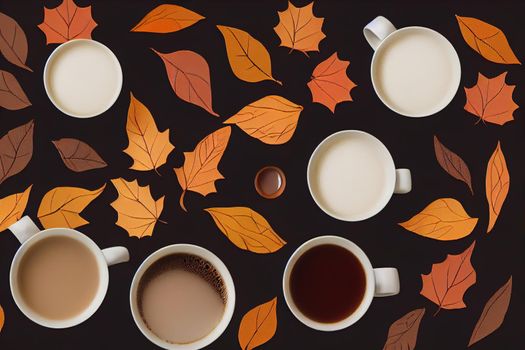 Autumn Leaves and cup of hot drink creative flat lay Fall Background Dried leaves, warm plaid and coffee or tea on black, Thanksgiving day, hygge cozy concept, top view, copy space , anime style