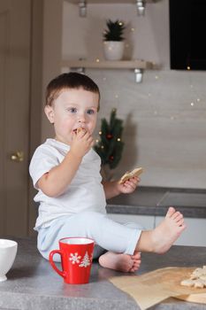 The kid eats Christmas cookies in the kitchen with New Year's decor. A series of photos from everyday life in a real interior