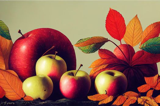 autumn background with apples, pears, pyracantha and leaves , anime style