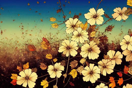 Autumn composition with cotton flowers on green background , anime style