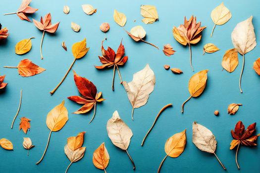 Autumn composition Dried leaves, flowers on pastel blue background Autumn, fall, winter concept Flat lay, top view, copy space , anime style
