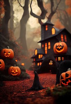 Black and orange house with Halloween theme, 3d illustration