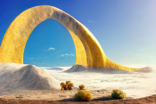 Surreal desert landscape with yellow arch and white clouds, 3d illustration