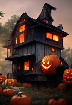 Black and orange house with Halloween theme, 3d illustration