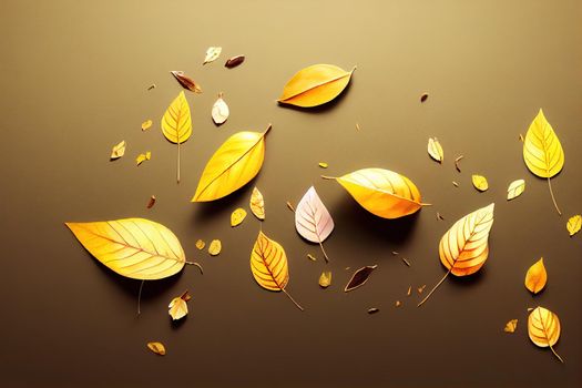 Autumn composition Fallen yellow and brown leaves Top view Minimal concept Copy space , anime style