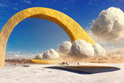 Surreal desert landscape with yellow arch and white clouds, 3d illustration