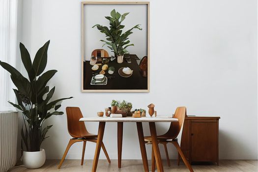 Stylish composition of cozy dining room intrerior with mock up poster frame, wooden family dining table, plants and vintage personal accessories Copy space Template Autumn vibes , anime style