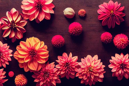 Colorful red, pink and orange dahlias flowers composition on rustic wood flat lay Floral card Beautiful Autumn wallpaper Autumn flowers on dark wooden background Seasons greetings , anime style