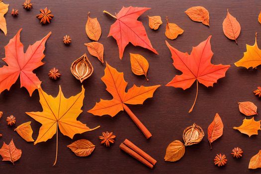 Autumn composition Gift, autumn leaves, cinnamon sticks, anise star on wooden white background Flat lay, top view, copy space , anime style