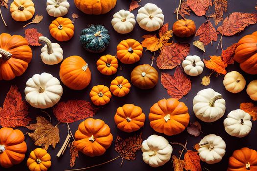 Autumn composition Pumpkins, candles, dried leaves on white background Autumn, fall, halloween concept Flat lay, top view, copy space , anime style