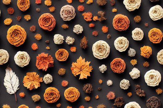Autumn creative composition Pattern made of dried flowers on dark background Autumn, fall modern concept Flat lay, top view , anime style