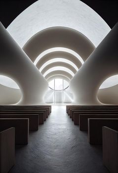 Interior shot of a modern contemporary futuristic chapel, 3d illustration