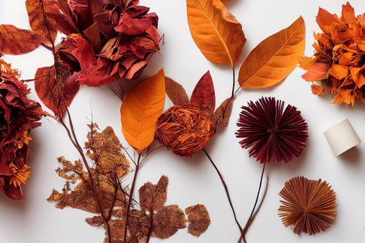 Autumn composition Paper blank, dried flowers and leaves on white background Autumn, fall concept Flat lay, top view, copy space, square , anime style