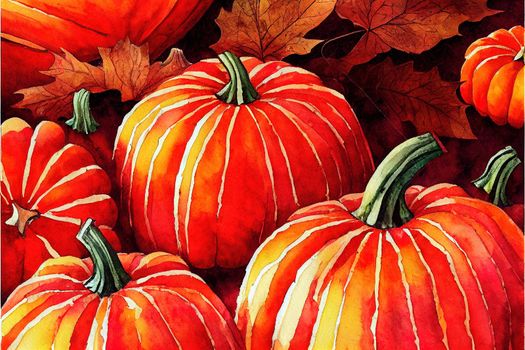 Watercolor autumn pumpkin composition, perfect to use on the web or in print , anime style