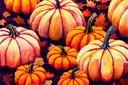 Watercolor autumn pumpkin composition, perfect to use on the web or in print , anime style