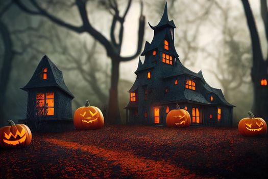 Black and orange house with Halloween theme, 3d illustration